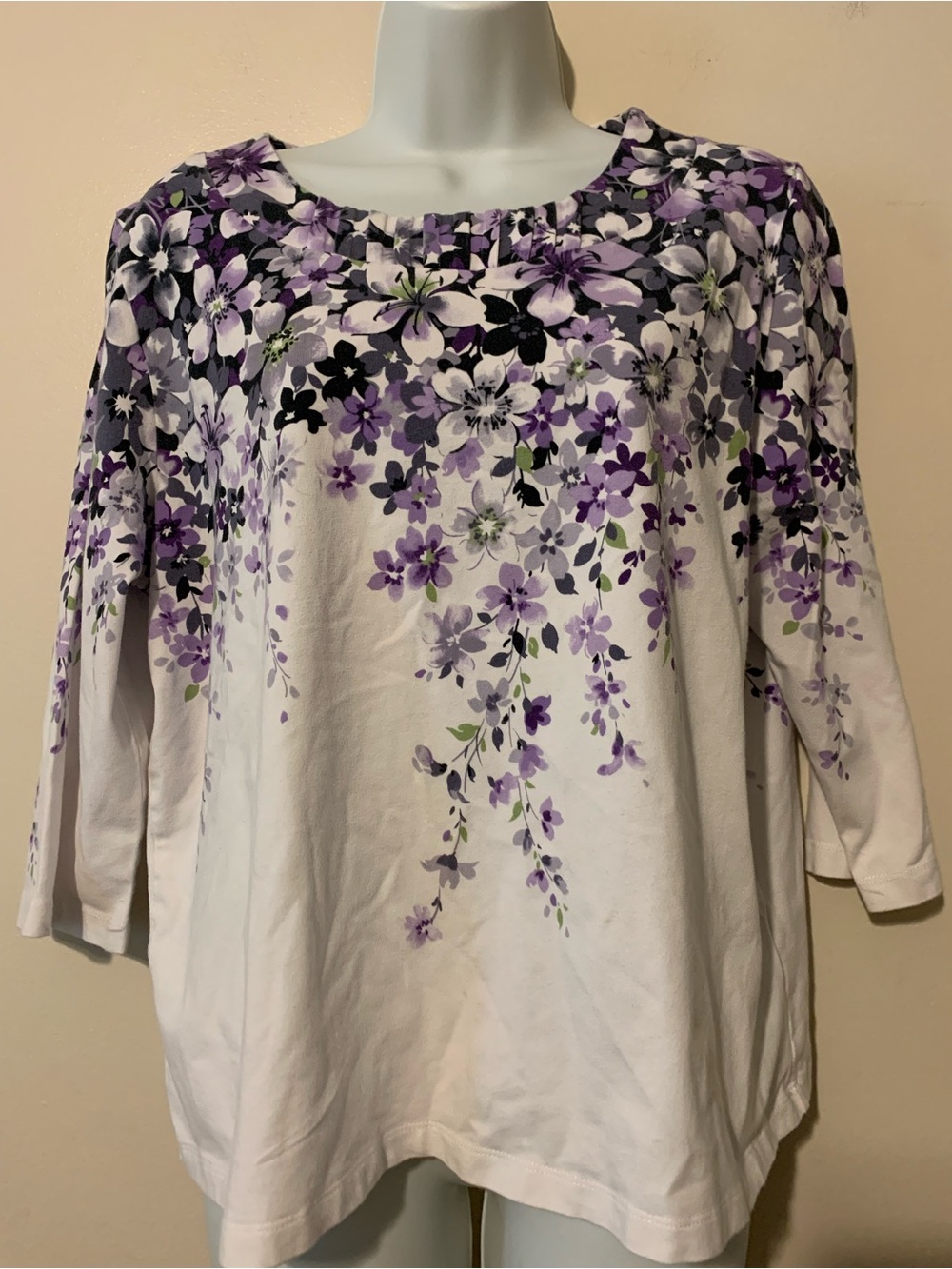 Alfred Dunner White Blouse with Purple Floral Cascade